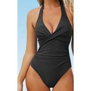 InstantFigure Women's One Piece Black Cross Front Ruched Sides Swimsuit 16 NWOT